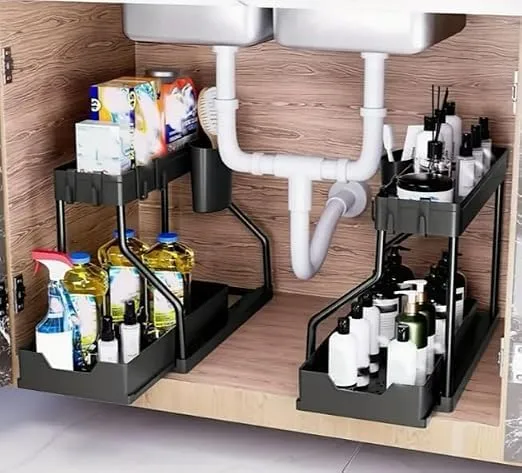 Space Saving 2 Tier Under Sink Organizer,Pull Out Storage Box Durable Large Capacity Kitchen Bathroom Essential Drawer Organizer